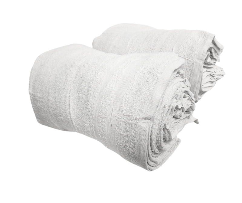 These terry half towels are approx. 20 x 20 - 24" x 24," with each piece  4 hemmed sides. These all-white  terry half towels are lightweight, absorbent & perfect for any wiping job.  Terry half towels are great for janitorial uses. They come in a 10-pound box containing approx. 30 pcs. 